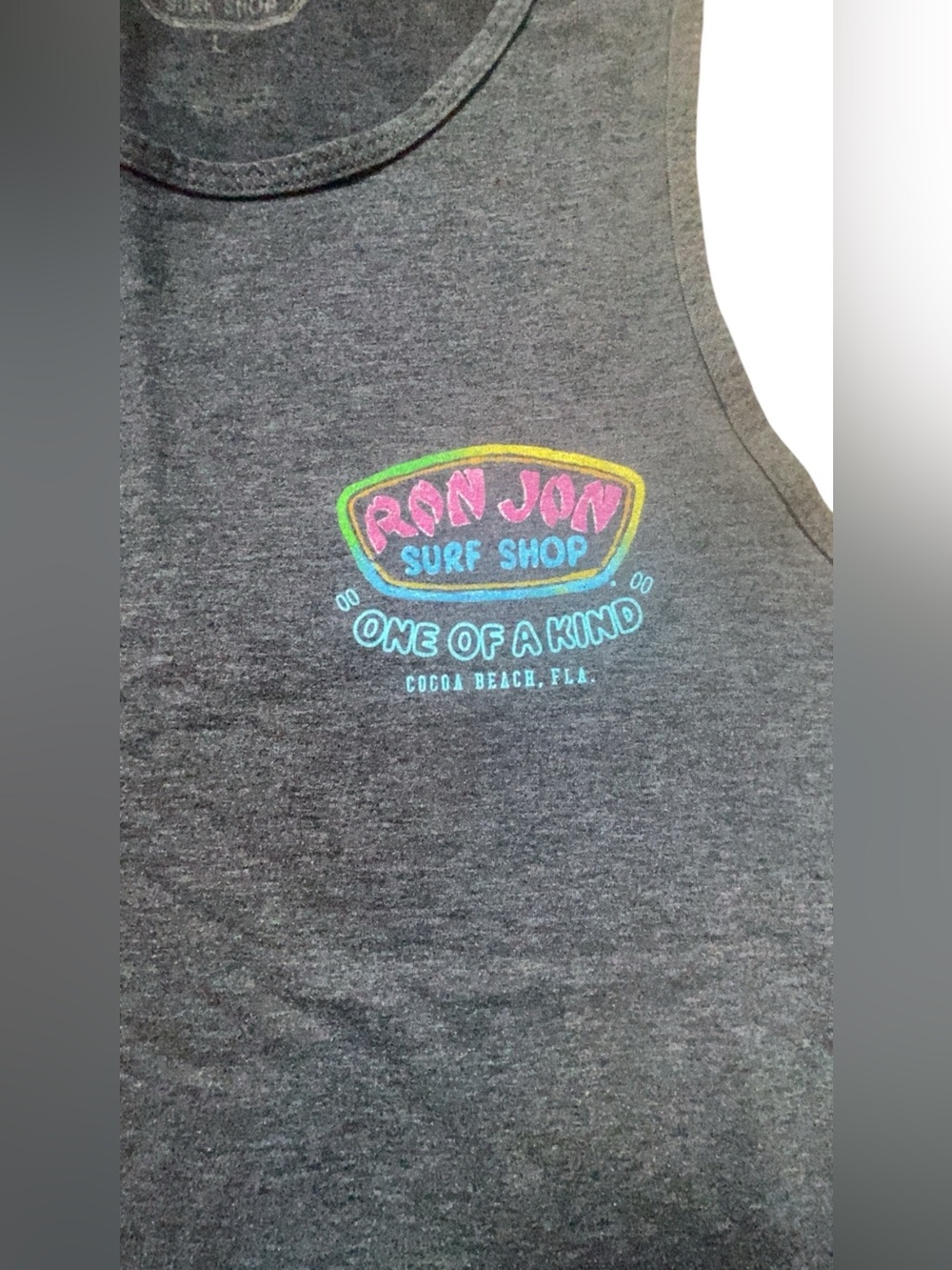Ron Jon Surf Shop Men’s L Gray Surf Graphic Sleeveless T-Shirt Cocoa Beach FL